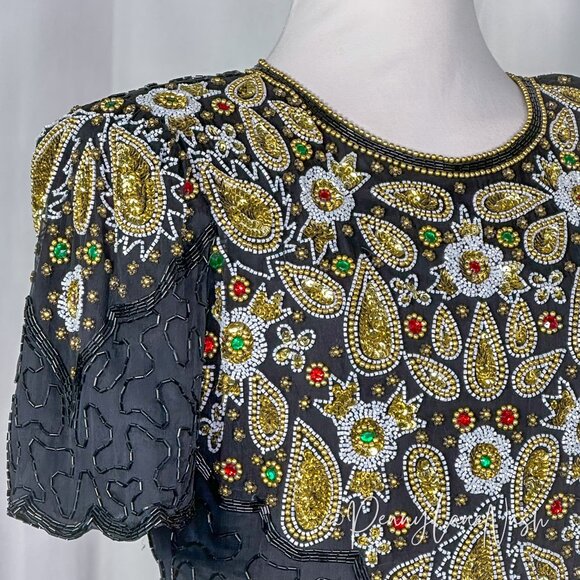 Laurence Kazar Vintage 80s Silk Bead-Sequin Dress Black - Picture 6 of 14